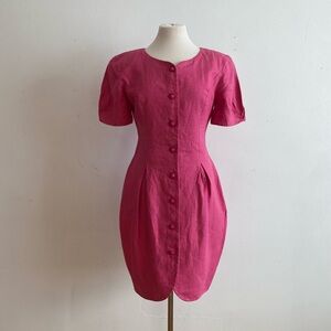Vintage Lida Baday Pink Linen Dress 80s 90s Statement Shoulder Pads Dramatic